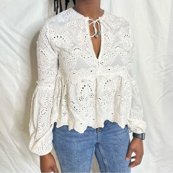 Kooples Embroidery Cotton Tie Neck boho Bohemian Lace Top - Picture 2 of 12